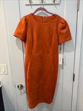 Calvin Klein Spice Orange Faux Suede-Look Puff Sleeve Midi Dress